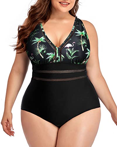 Tummy Control Cheeky One Piece Swimsuits For Women Plus Size-Black Palm Tree