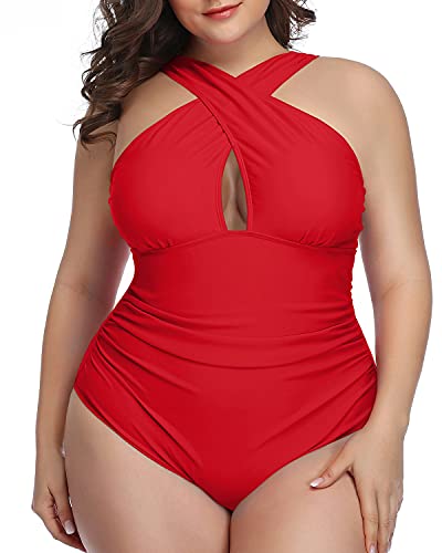 Daci Trendy Tummy Control One Piece Swimsuits for Vacation Red 18W Red3