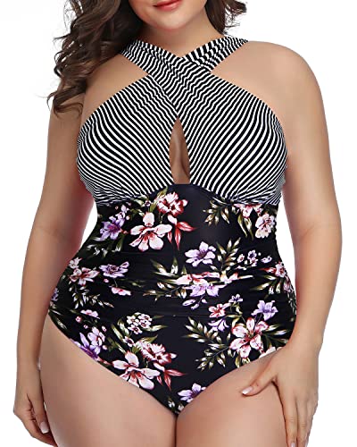 Front Cross Backless Plus Size Swimwear For Women-Stripes And Flowers – Daci