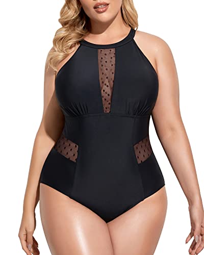 Plus Size High Neck Plunge Mesh Cut Out One Piece Swimsuit for Women