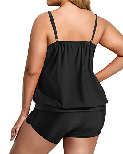 Plus Size Two Piece Tankini Swimsuits Blouson Tummy Control Batjing Suit for Women