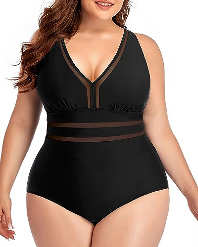 Plus Size V-Neck Mesh Line One Piece Swimsuit