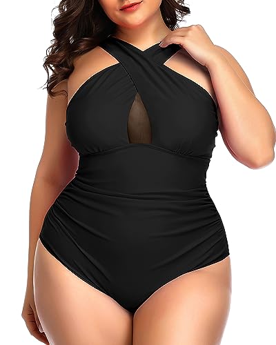 Plus Size Crisscross Mesh Keyhole One Piece Swimsuit