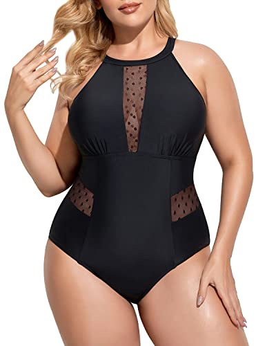 Plus Size High Neck Plunge Mesh Cut Out One Piece Swimsuit for Women