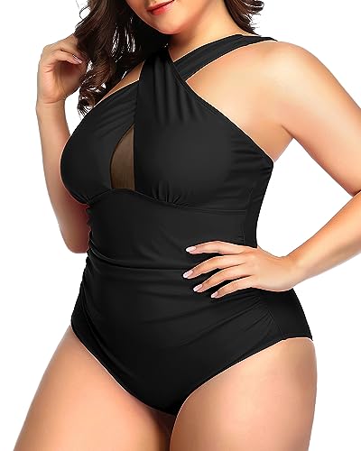 Plus Size Crisscross Mesh Keyhole One Piece Swimsuit