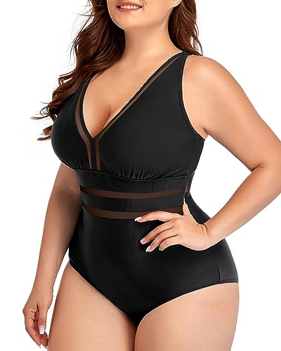 Plus Size V-Neck Mesh Line One Piece Swimsuit