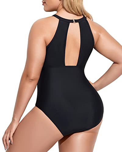 Plus Size High Neck Plunge Mesh Cut Out One Piece Swimsuit for Women