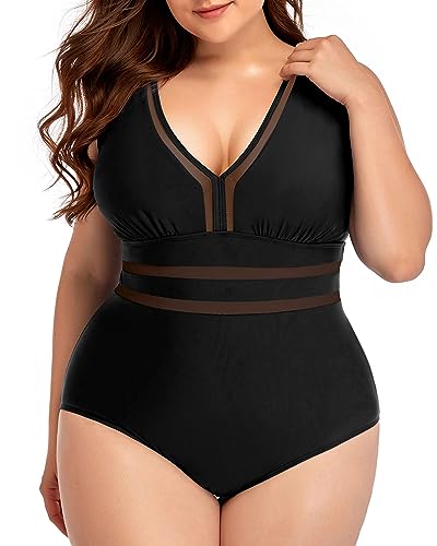 Plus Size V-Neck Mesh Line One Piece Swimsuit