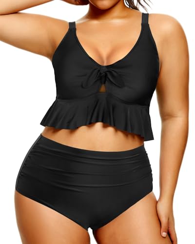 Plus Size Front Tie Ruffle Top High Waist Two Piece Set