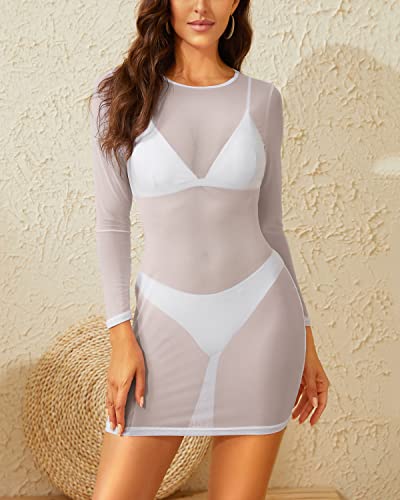 Women's Sexy Sheer Mesh Swimsuit Cover-up with Long Sleeves Beach Dress