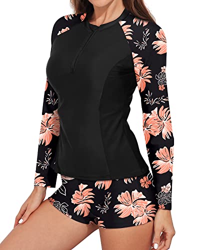 Women's UPF 50 Long Sleeve Zipper Rash Guard Swimsuits Two Piece Bathing Suits