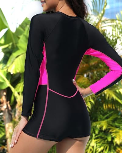 Women Long Sleeve Rash Guard One Piece Boyleg Swimsuit Zipper Surfing Bathing Suit UPF 50+