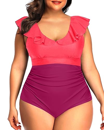 Plus Size Ruffled Ruched Tummy Control One Piece Swimsuit