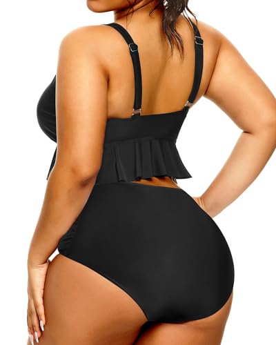 Plus Size Front Tie Ruffle Top High Waist Two Piece Set