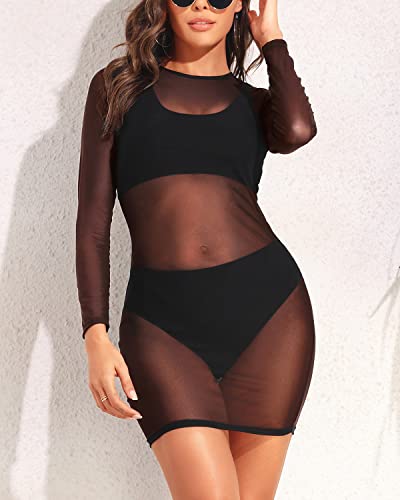 Beach Dress with Long Sleeves Women's Sexy Sheer Mesh Swimsuit Cover-up