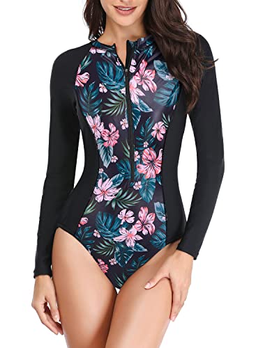 Flattering Rash Guard Swimsuit Women's Long Sleeve One Piece with Zipper for Surfing