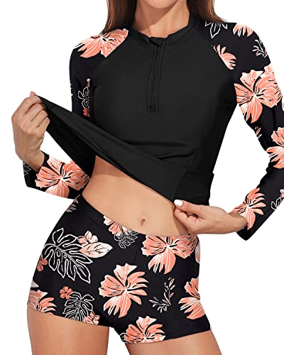 Women's UPF 50 Long Sleeve Zipper Rash Guard Swimsuits Two Piece Bathing Suits