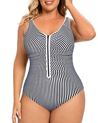 Plus Size Tummy Control One Piece Swimsuits for Women Zipper Bathing Suits