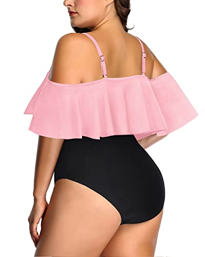 Elegant Ruffle Tummy Control Swimsuit For Women Plus Size One Piece-Pink And Black