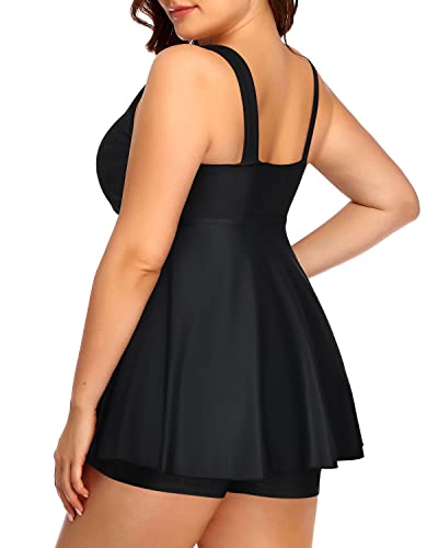 Flowy Push Up Tankini Top High Waisted Boyshorts For Curvy Women-Black