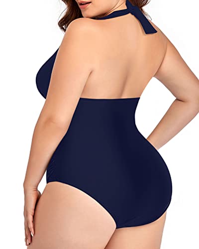 Plus Size Push Up One Piece Swimsuits Halter-Navy Blue