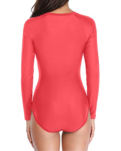 Zippered One Piece Rash Guard Swimsuit For Women-Red