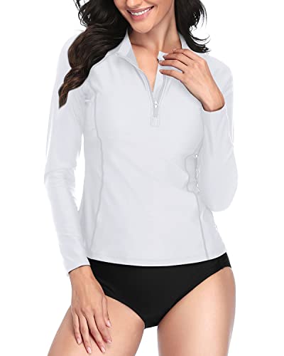 Women's Long Sleeve Rash Guard Swimsuit Upf 50-White