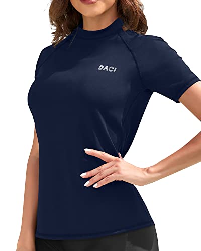 Attractive Women's Rash Guard Top Short Sleeve Rashguard Top Swim Shirt-Navy Blue