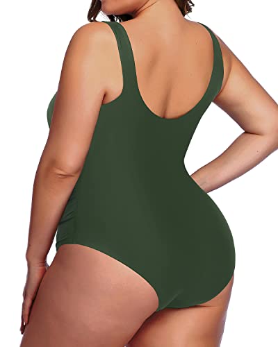 Modest Ruched Full Coverage Backless Plus Size Swimsuit-Army Green