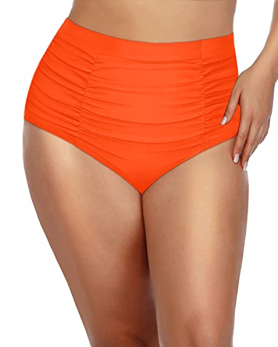 Shirred Retro Bikini Briefs Ruched Tummy Control For Plus Size-Neon Orange