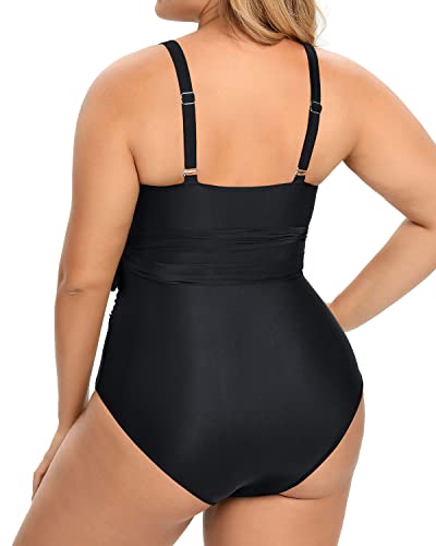 Adjustable Spaghetti Straps Backless Plus Size One Piece Swimsuits-Black