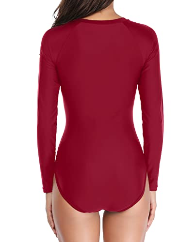 Long Sleeve One Piece Rash Guard Bathing Suit For Women Zipper-Red