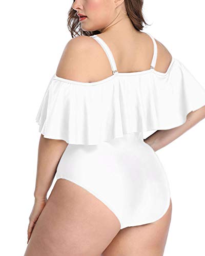 Sexy Lace-Up Plus Size Off The Shoulder Swimwear Removable Straps-White