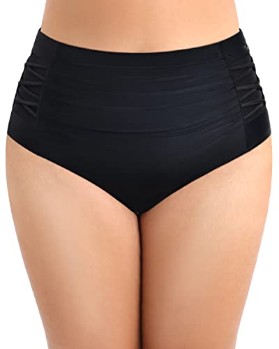 Ruched Tummy Control Plus Size High Waisted Bikini Bottom-Black