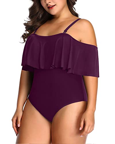 Charming Off Shoulder Tummy Control One Piece Swimsuit-Maroon