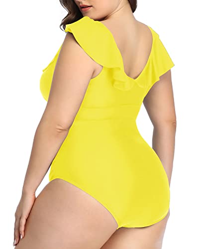 Tummy Control Plus Size V-Neck Swimwear-Neon Yellow