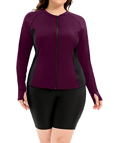 Two Piece Long Sleeve Athletic Rash Guard Tankini Set For Women-Purple