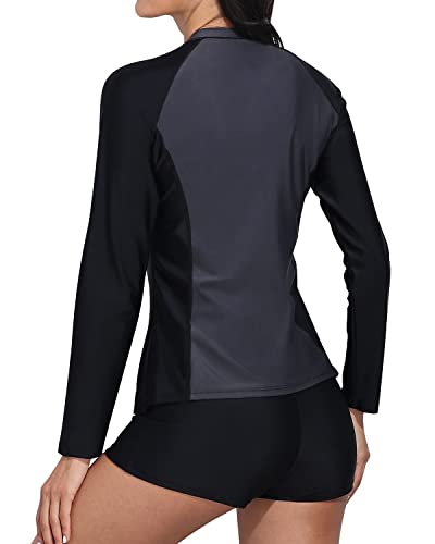 Long Sleeve Rash Guard 2 Piece Swimsuit Zipper For Women-Grey And Black