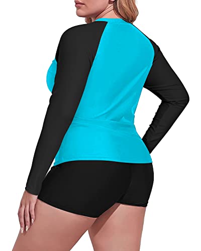 Women's Plus Size Long Sleeve Rash Guard Swimsuit Boy Short-Aqua