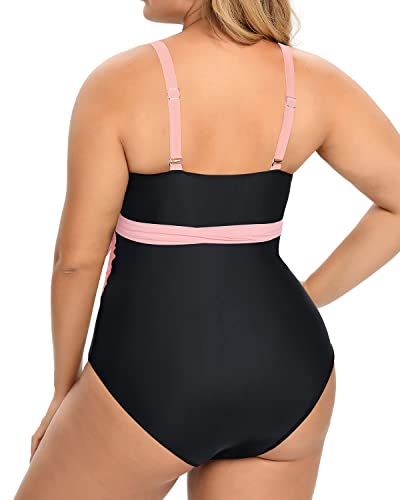 Flattering Cutout Open Back Plus Size One Piece Swimsuits-Pink And Black