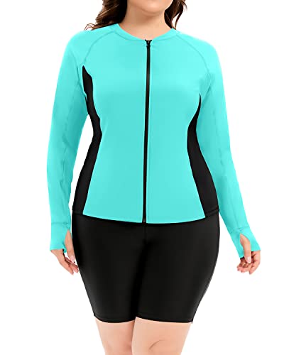 Long Sleeve Plus Size Rash Guard Bathing Suit For Women-Aqua