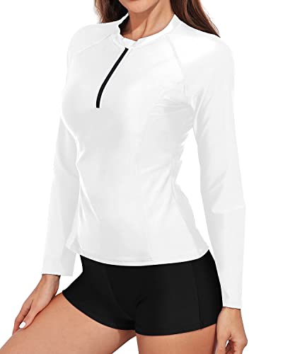 Women's Zipper Front Long Sleeve Rash Guard Boy Shorts Swimsuit Set-White