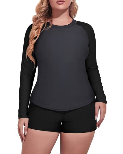 Women's Plus Size Athletic Rash Guard Tankini Boyshorts-Grey And Black