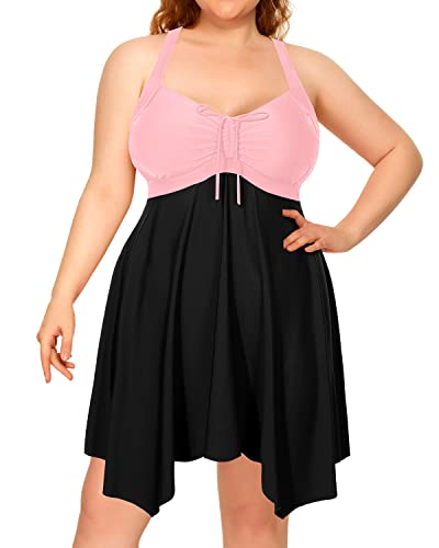 Women's Retro Elegant Skirted Plus Size Two Piece Swimdress-Pink And Black