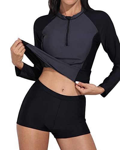 Long Sleeve Rash Guard 2 Piece Swimsuit Zipper For Women-Grey And Black