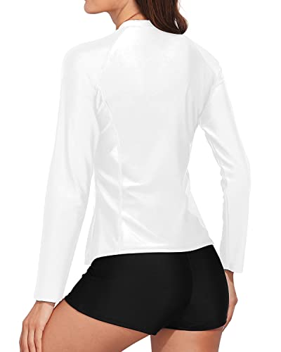 Women's Zipper Front Long Sleeve Rash Guard Boy Shorts Swimsuit Set-White