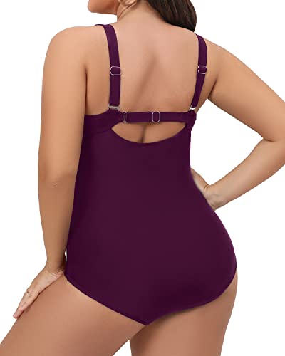 Women Retro Ruched Plus Size One Piece Swimsuit-Maroon