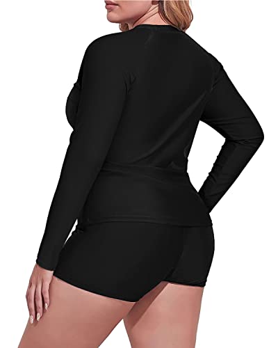 Plus Size Crew Neck Rash Guard Tankini Boyleg Bottom For Women-Black