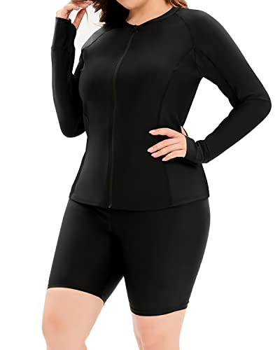 Zip Front Rash Guard Boyleg Shorts For Women-Black