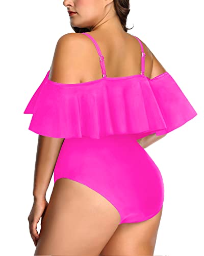 Cute Off Shoulder Flounce Swimwear For Women Plus Size One Piece-Neon Pink